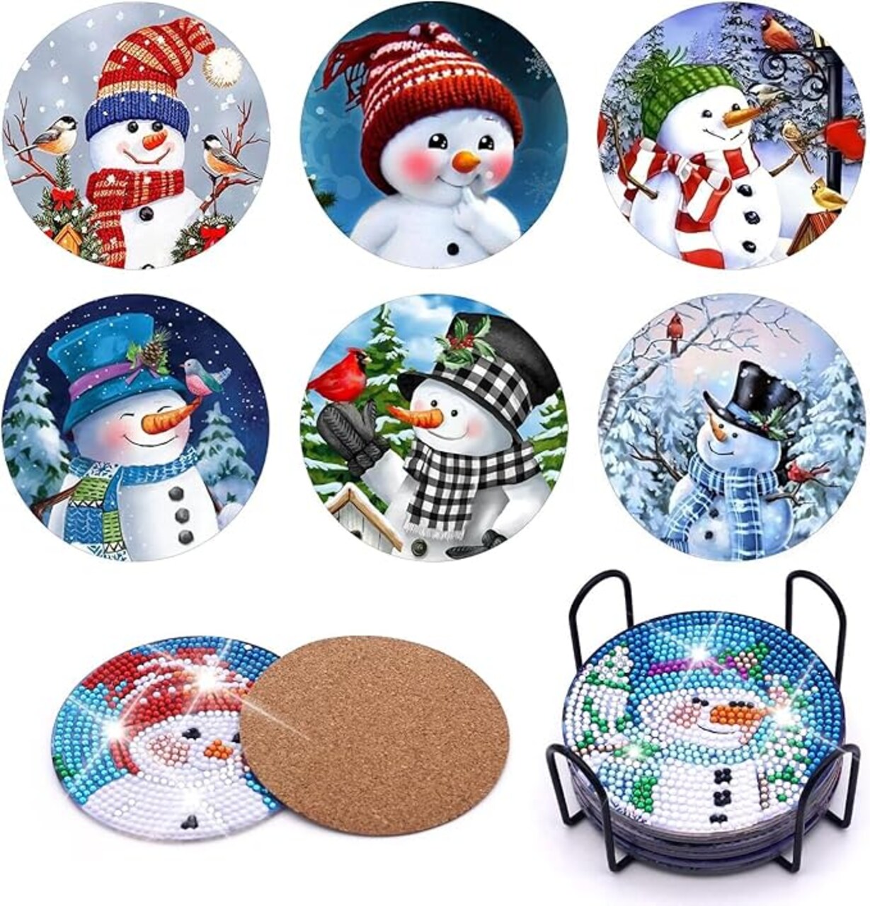 Coaster with Holder, Snowman Diamond Painting Art Coasters Kit, DIY Drink Coasters with Cork Base Diamond Art Painting Coasters Kit for Adults Kids Beginners